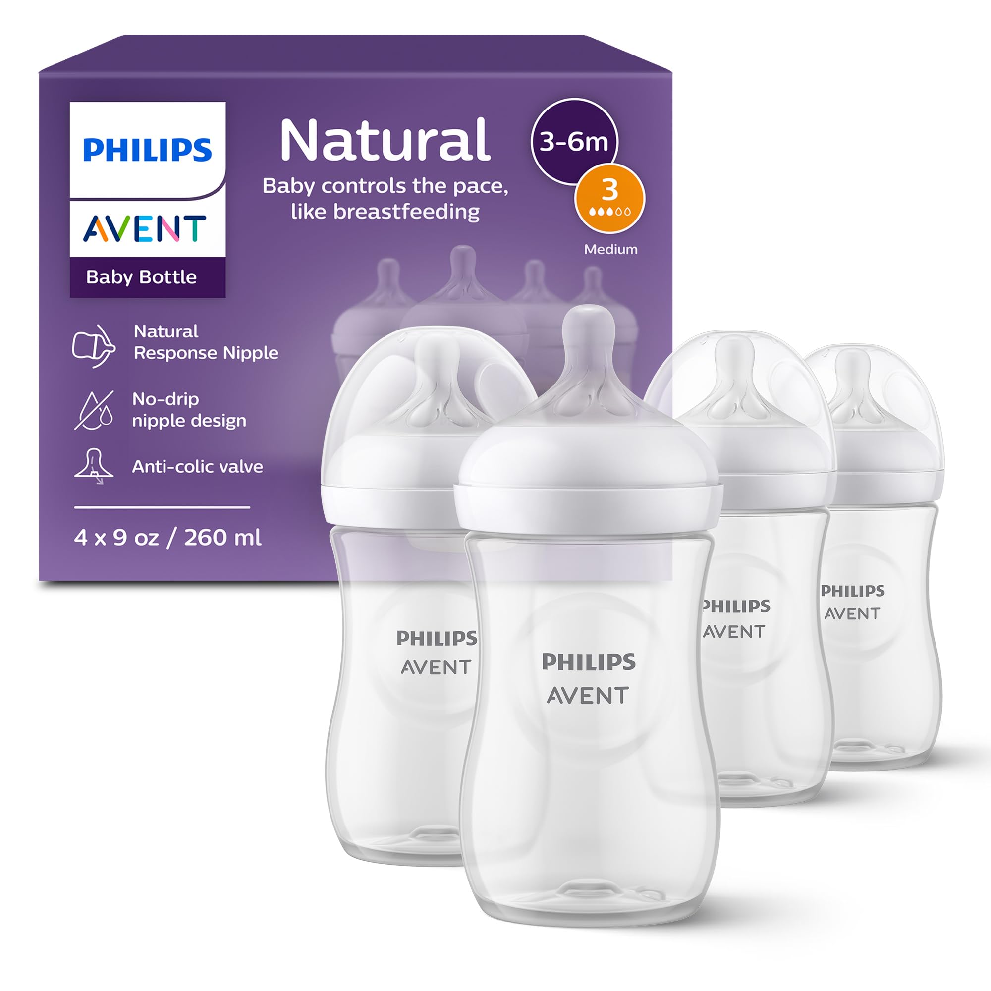 Image of Philips Avent Natural Baby Bottles with Natural Response Nipples (Medium Flow, Flow 3), 9oz, 4-Pack, SCY903/04 Clear 4 Count (Pack of 1) Natural 9oz