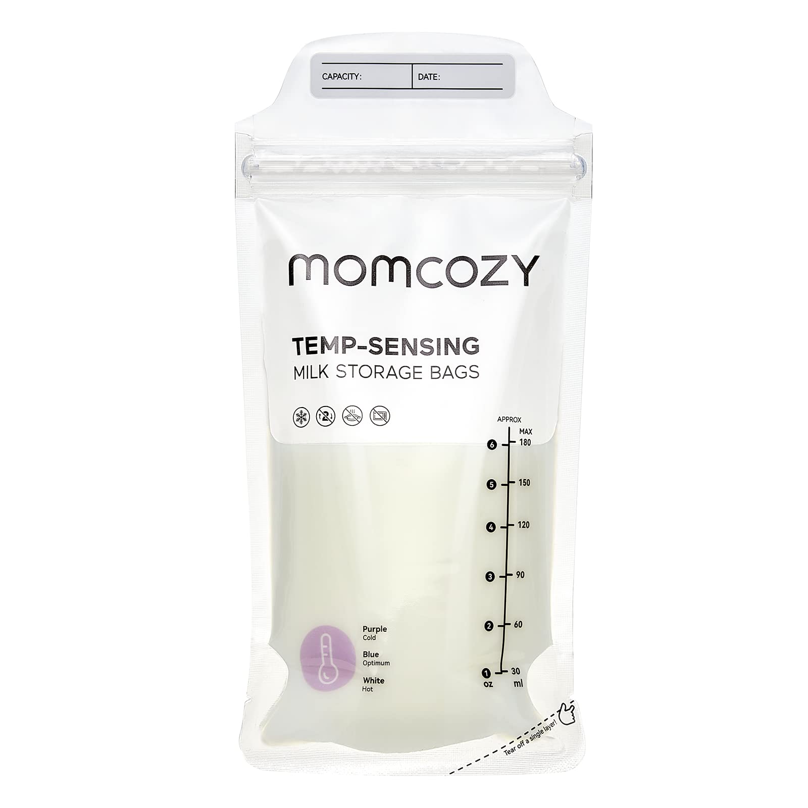 Image of Momcozy Breastmilk Storing Bags, Temp-Sensing Discoloration Milk Storing Bags for Breastfeeding, Disposable Milk Storage Bag with 6 Ounce Self Standing, No-Leak Milk Freezer Storage Pouches, 120pcs 120 Count