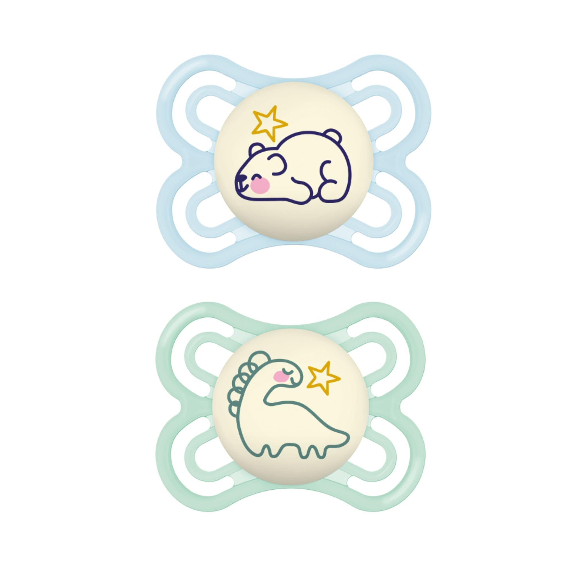 Image of MAM Perfect Night Baby Pacifier, Patented Nipple, Glows in The Dark, 2 Pack, 0-6 Months, Boy Pale Mint / Butter 2 Count (Pack of 1)