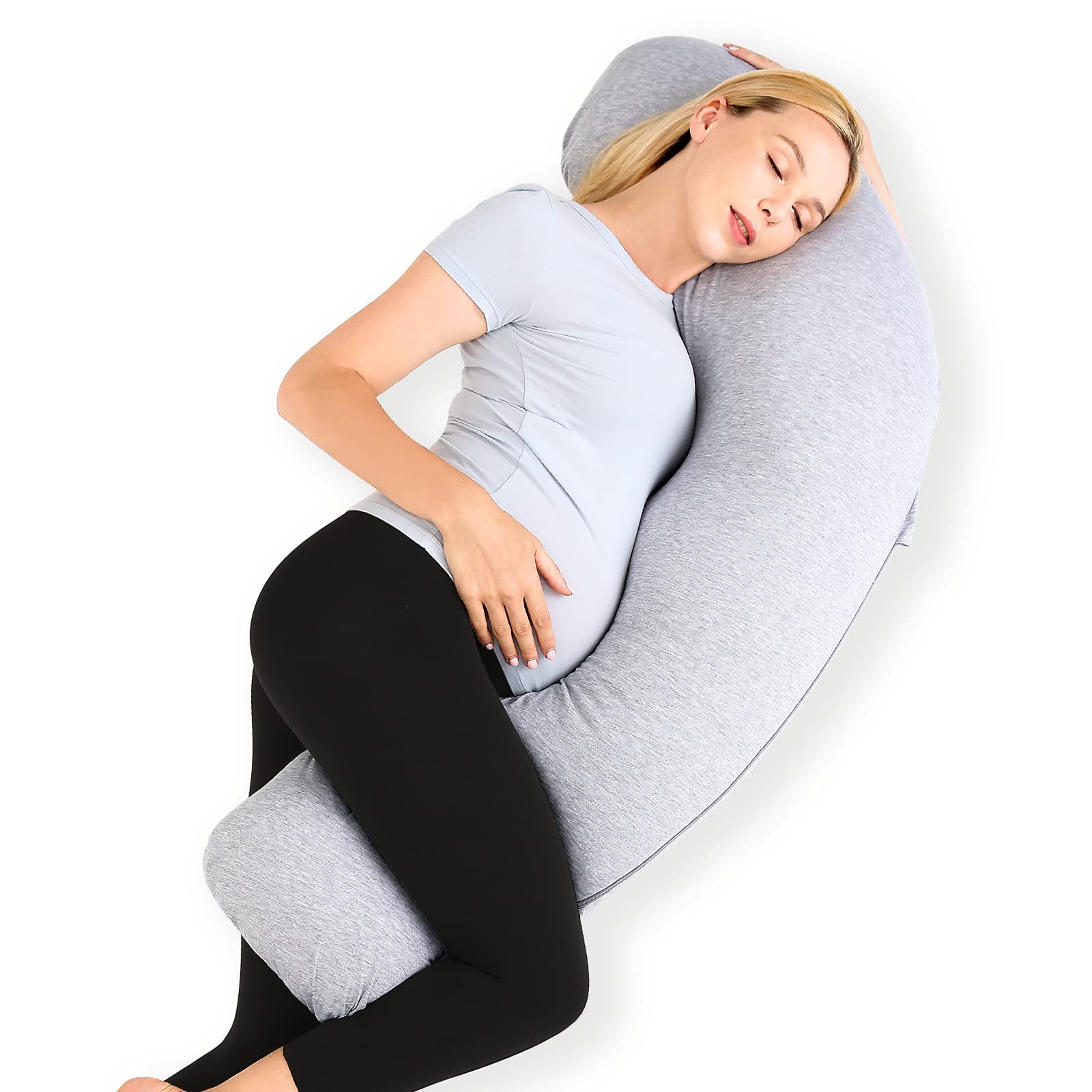 Momcozy Pregnancy Pillows for Side Sleeping, J Shaped Maternity Body Pillow for Pregnancy, Soft Pregnancy Pillow with Jersey Cover for Head Neck Belly Support, Grey image