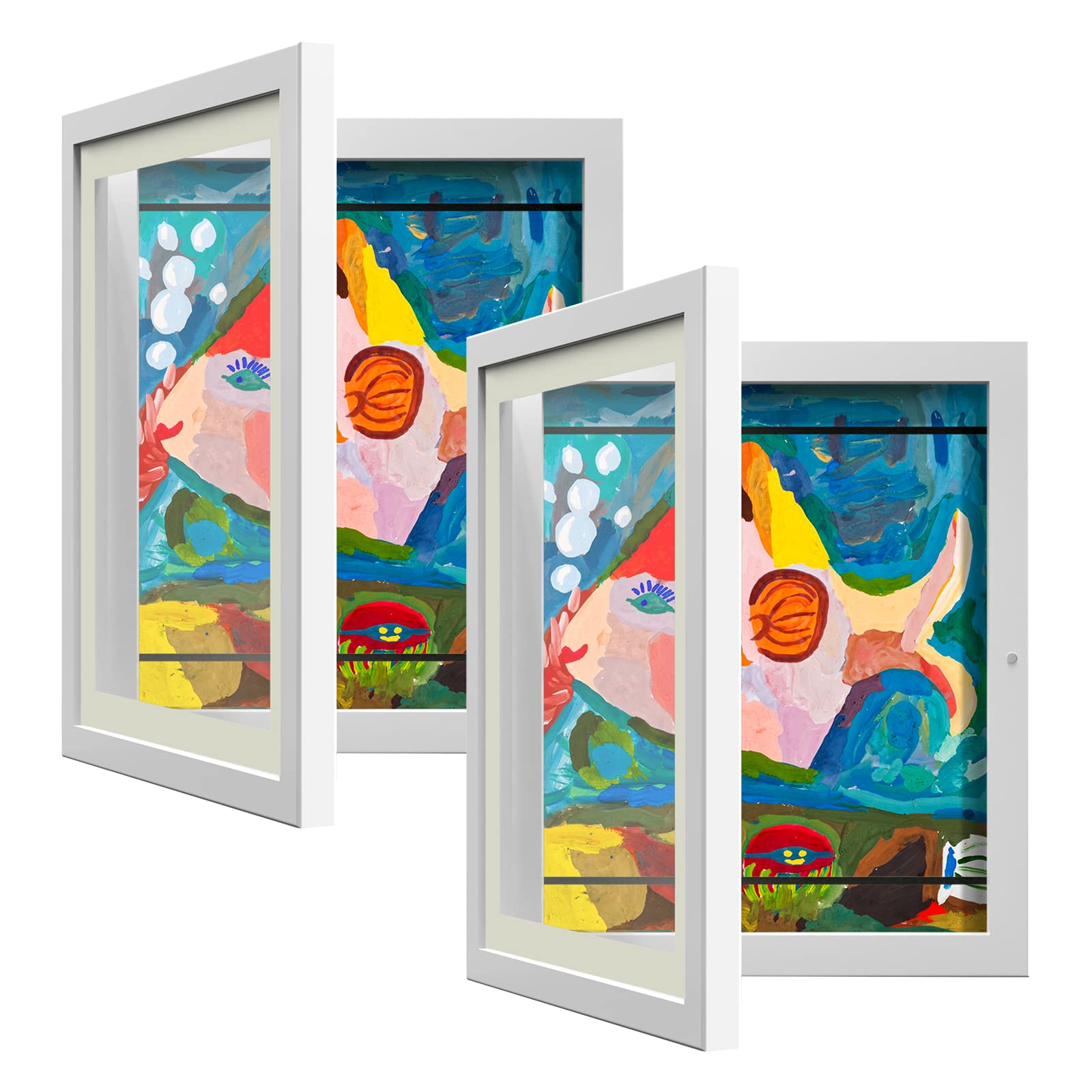 2 Pack Kids Art Frame, Kids Artwork Frames Changeable 8 x10.5 with Mat and 9 x12 Without Mat, White Front Opening Children Picture Storage Frame for Wall Holds 50Pcs Crafts, Drawing, Art Projects White - 2 PACK image